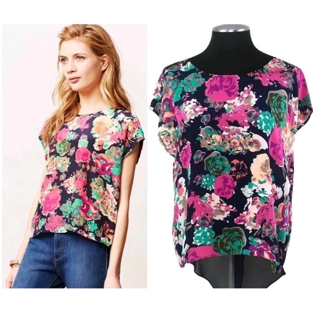 Maeve Anthropologie Komal 100% Silk Floral Split Hem Blouse Navy Pink Size 6